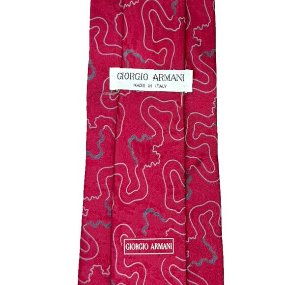 Vintage 90s Giorgio Armani Red Gray White Topography Squiggle Necktie Tie - Picture 3 of 7